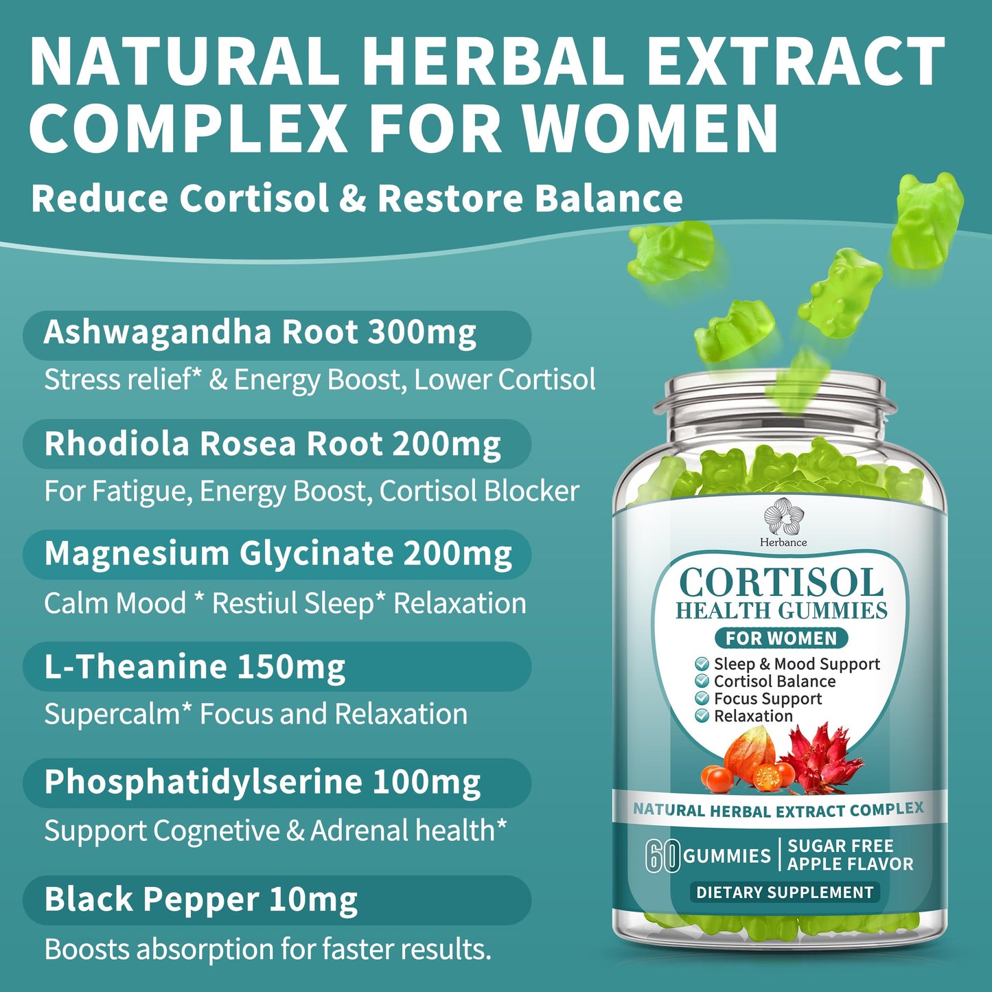 Cortisol Supplements Gummies for Women, Cortisol Reducer w.Ashwagandha Rhodiola Rosea Magnesium L-Theanine Phosphatidylserine Black Peper, Hormone Balanced & Lower Cortisol - 30 Day Vegan Supply HerbanceBuy Supplements Australia