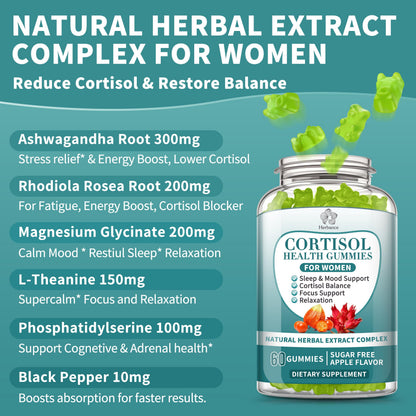 Cortisol Supplements Gummies for Women, Cortisol Reducer w.Ashwagandha Rhodiola Rosea Magnesium L-Theanine Phosphatidylserine Black Peper, Hormone Balanced & Lower Cortisol - 30 Day Vegan Supply HerbanceBuy Supplements Australia