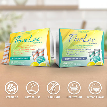 Global Health Trax GHT - FiveLac + Threelac Lemon Probiotic Powder Drink Mix, Probiotics for Women, Men, Kids, Smooth Digestive Support & Elimination, Relieves Constipation & Gas - 60 Packets, Non-GMO ght Global Health TraxBuy Supplements Australia