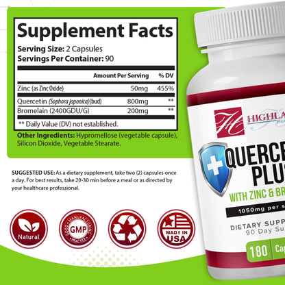 Highland Health Foods Quercetin Plus Bromelain and Zinc 180 Capsules - Immune Support Supplement for Adults, Teens, Seniors - Quercetin with Bromelain for Immune Support Highland Health FoodsBuy Supplements Australia