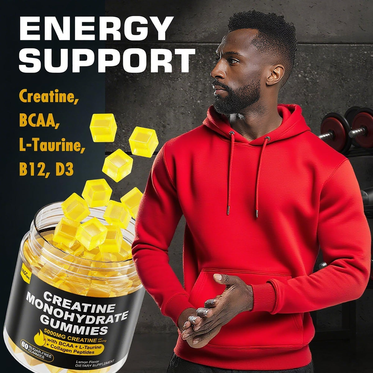 Creatine Monohydrate Gummies for Men & Women - with BCAA, Collagen Peptides, L-Taurine, Vitamin B12, D3, Chewables Creatine Monohydrate 5g Per Serving, Natural Lemon Flavor, Sugar Free, 2 Pack EnvyCureBuy Supplements Australia