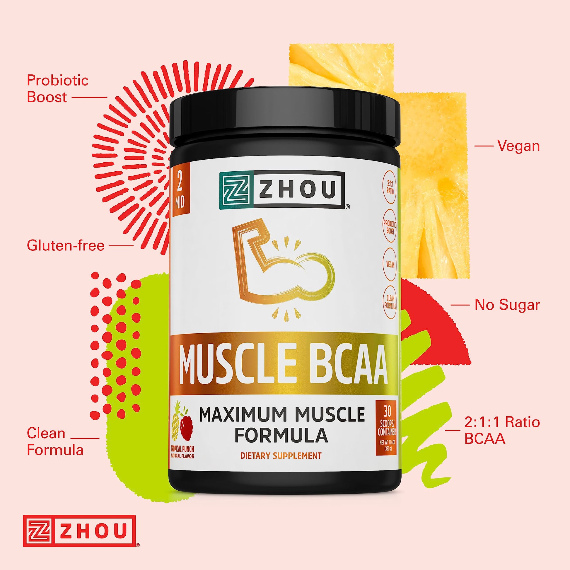 Zhou Nutrition Muscle BCAA Powder, Vegan Muscle Recovery, Natural, Clean Formula Zhou NutritionBuy Supplements Australia
