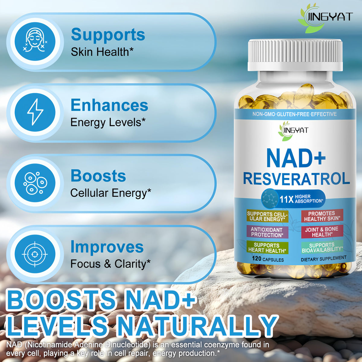 JINGYAT 11-in-1 NAD Supplement with Resveratrol, CoQ10, Quercetin, Collagen, Grape Seed for Cellular Energy, Mental Focus & Antioxidant Support - NAD Supplement for Women & Men, 120 Soft Capsules JINGYATBuy Supplements Australia