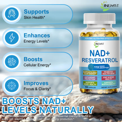 JINGYAT 11-in-1 NAD Supplement with Resveratrol, CoQ10, Quercetin, Collagen, Grape Seed for Cellular Energy, Mental Focus & Antioxidant Support - NAD Supplement for Women & Men, 120 Soft Capsules JINGYATBuy Supplements Australia
