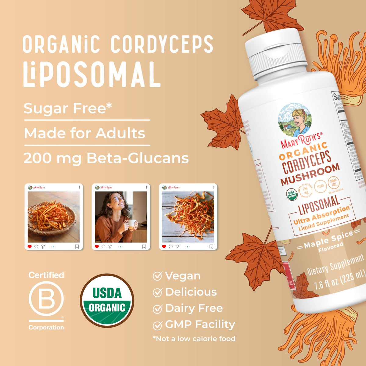 MaryRuth Organics Cordyceps Mushroom Supplement | Ultra Absorption Liposomal | Full Spectrum Mushroom | 200mg Beta-Glucans Per Serving | USDA Organic | Vegan | 7.6 oz | 15 Servings MARYRUTH'SBuy Supplements Australia