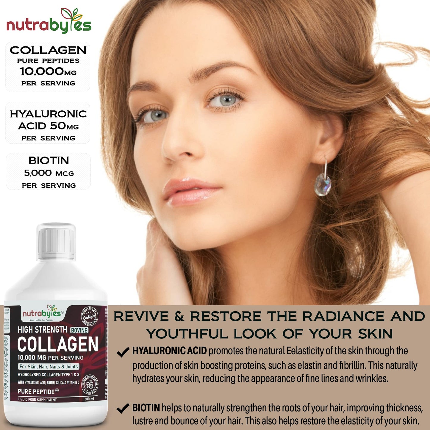 Collagen Liquid 10000mg, Hydrolysed Peptides | Hyaluronic Acid, Biotin, Silica, Vitamin C, Vitamin B12 NUTRABYTESBuy Supplements Australia