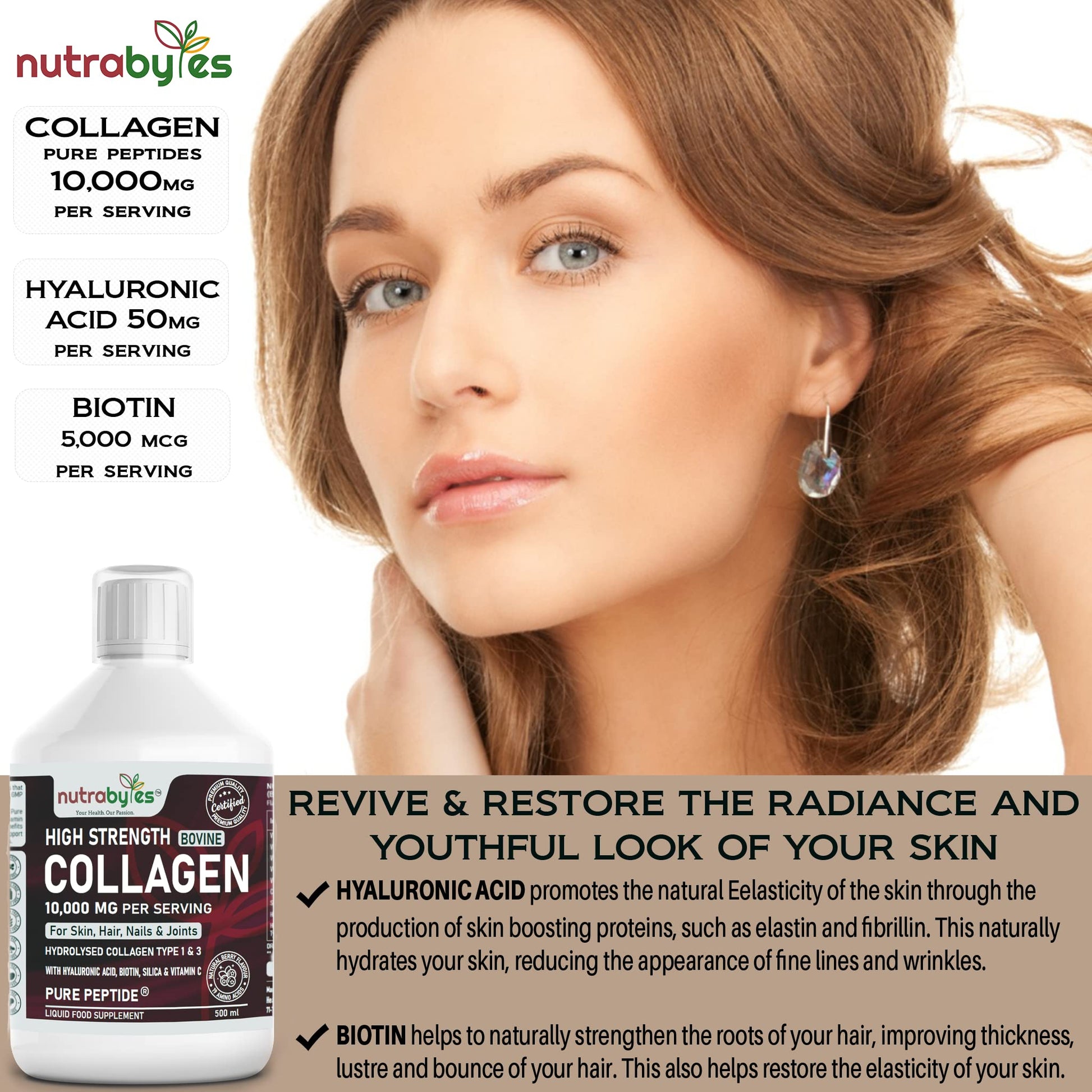 Collagen Liquid 10000mg, Hydrolysed Peptides | Hyaluronic Acid, Biotin, Silica, Vitamin C, Vitamin B12 NUTRABYTESBuy Supplements Australia