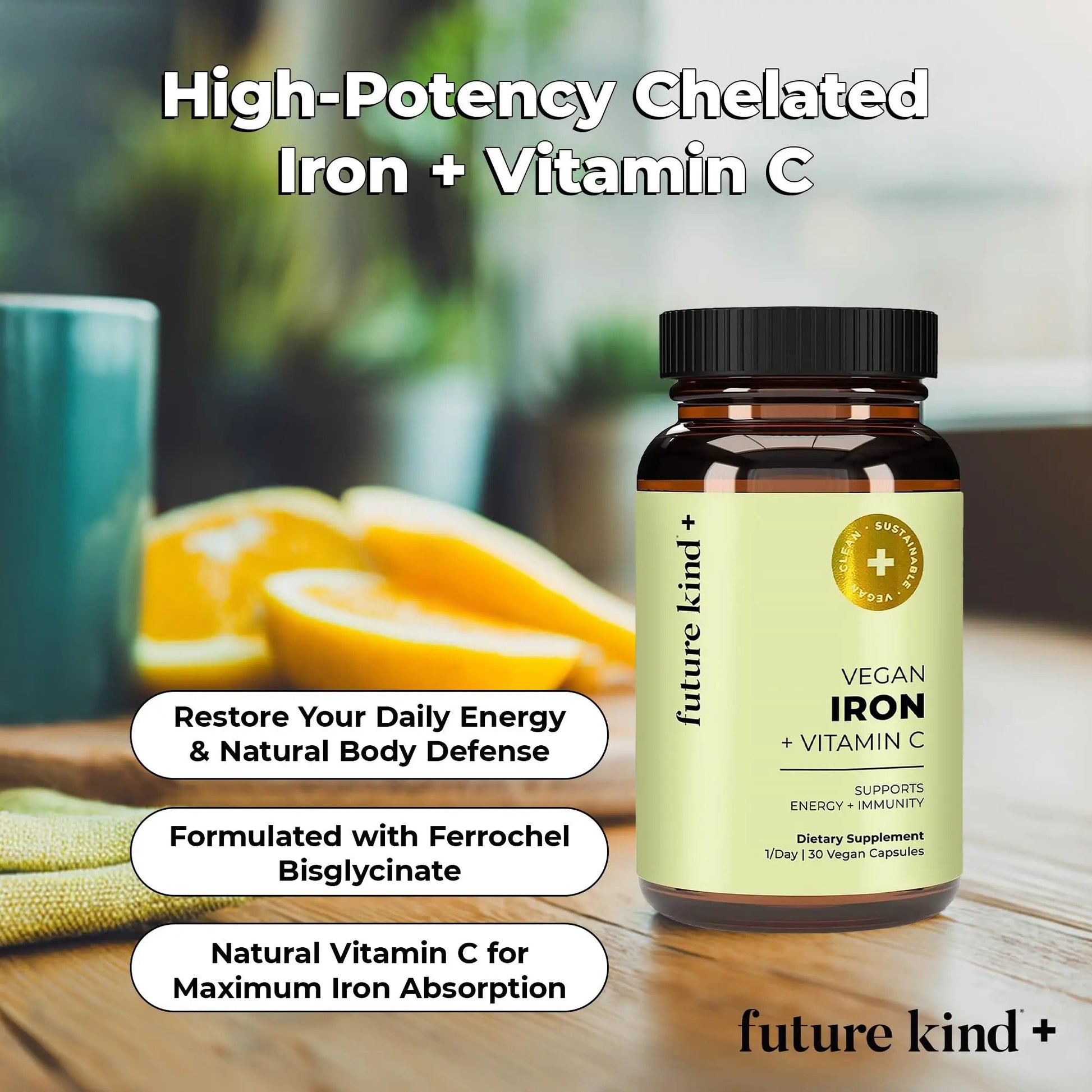 Future Kind Iron Supplement for Women and Men, Daily Energy & Focus, Chelated Iron Bisglycinate, 18mg 100% DV with Vitamin C for Absorption - Gentle on Stomach, Non-GMO Vegan Capsules, 30 Day Supply Future Kind buy supplements Au