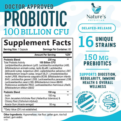 Nature's Physician Probiotics - 100 Billion CFU - 16 Strains + Prebiotics - Best Probiotic Supplement for Women & Men - Supports Immune, Digestive Health, Occasional Constipation & Gas - 60 Capsules Nature's PhysicianBuy Supplements Australia