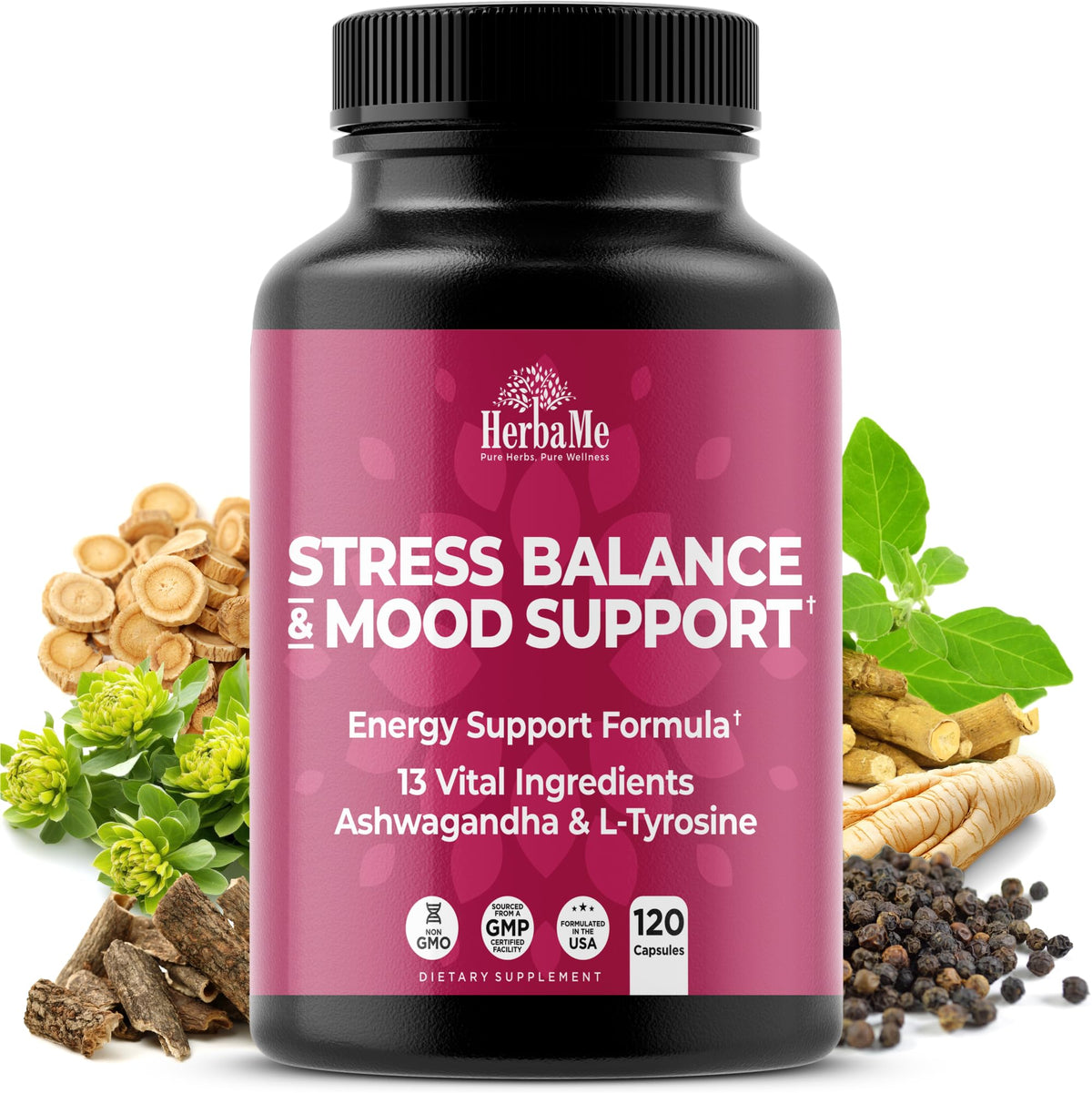HerbaMe Cortisol Manager Supplement and Balance Mood with Ashwagandha & L-Tyrosine, 120 Capsules, Helps Maintain Healthy Energy Levels and Stress Relief, Fatigue Reducer Pills HerbaMeBuy Supplements Australia