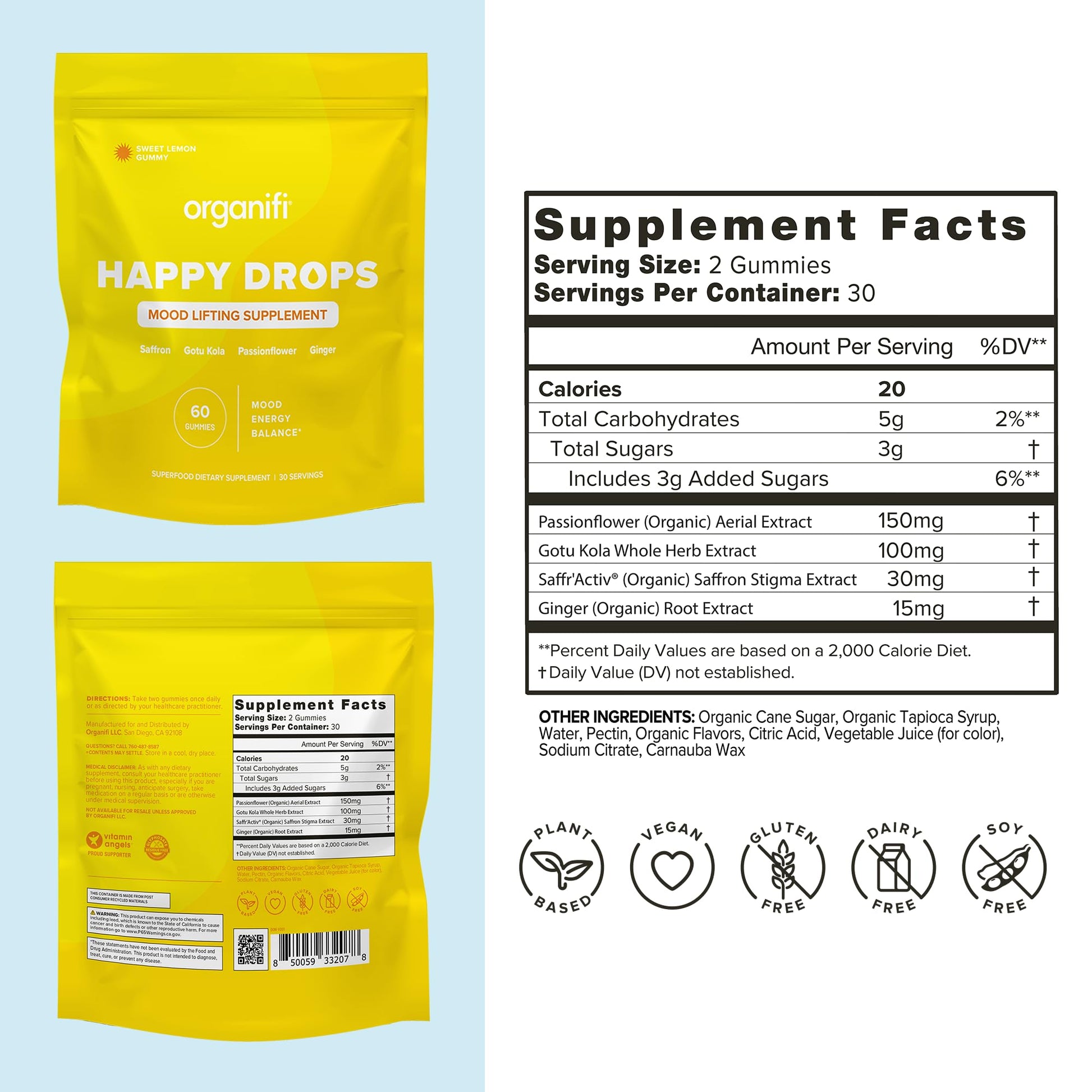 Organifi Happy Drops - Daily Superfood Happy Gummies for Adults - Mood Support Supplement for Balance, Bliss, Energy and Taking the Edge Off - Sweet Lemon Flavor - 60 Gummies Organifi buy supplements Au