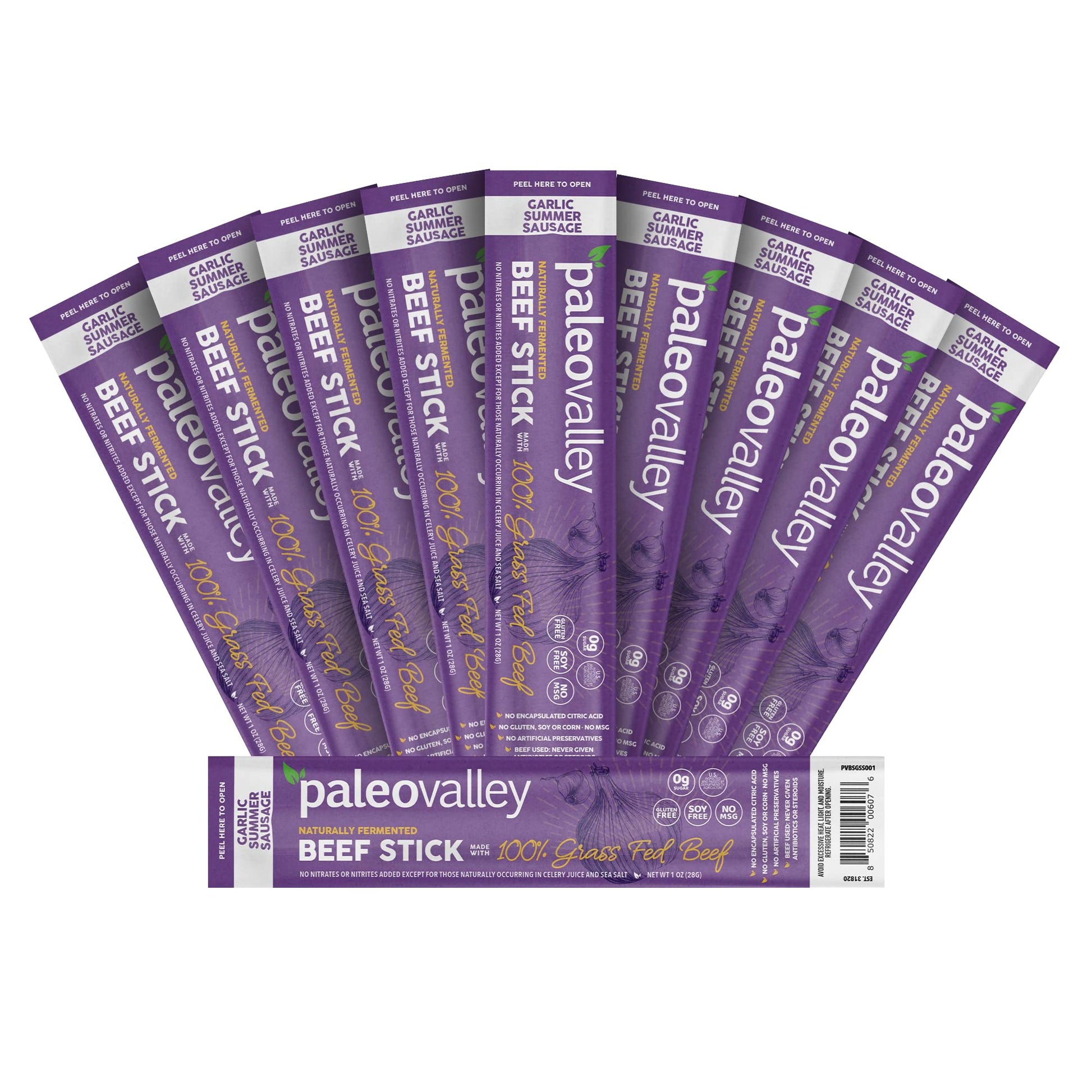 Paleovalley 100% Grass Fed Garlic Summer Sausage Beef Sticks - Delicious Gluten Free Beef Snack - High Protein Keto Friendly PaleovalleyBuy Supplements Australia