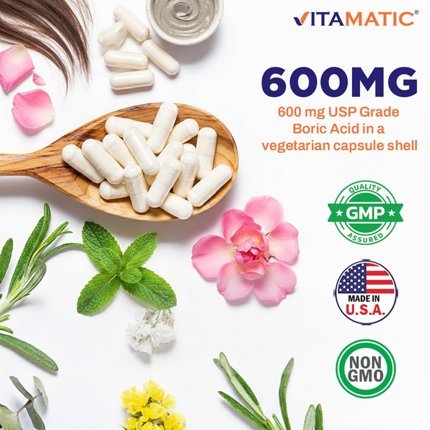 Vitamatic Boric Acid Vaginal Capsule Shell Suppositories 600 mg USP Grade Boric Acid in Vegetarian Capsule Shell - 60 Count VitamaticBuy Supplements Australia