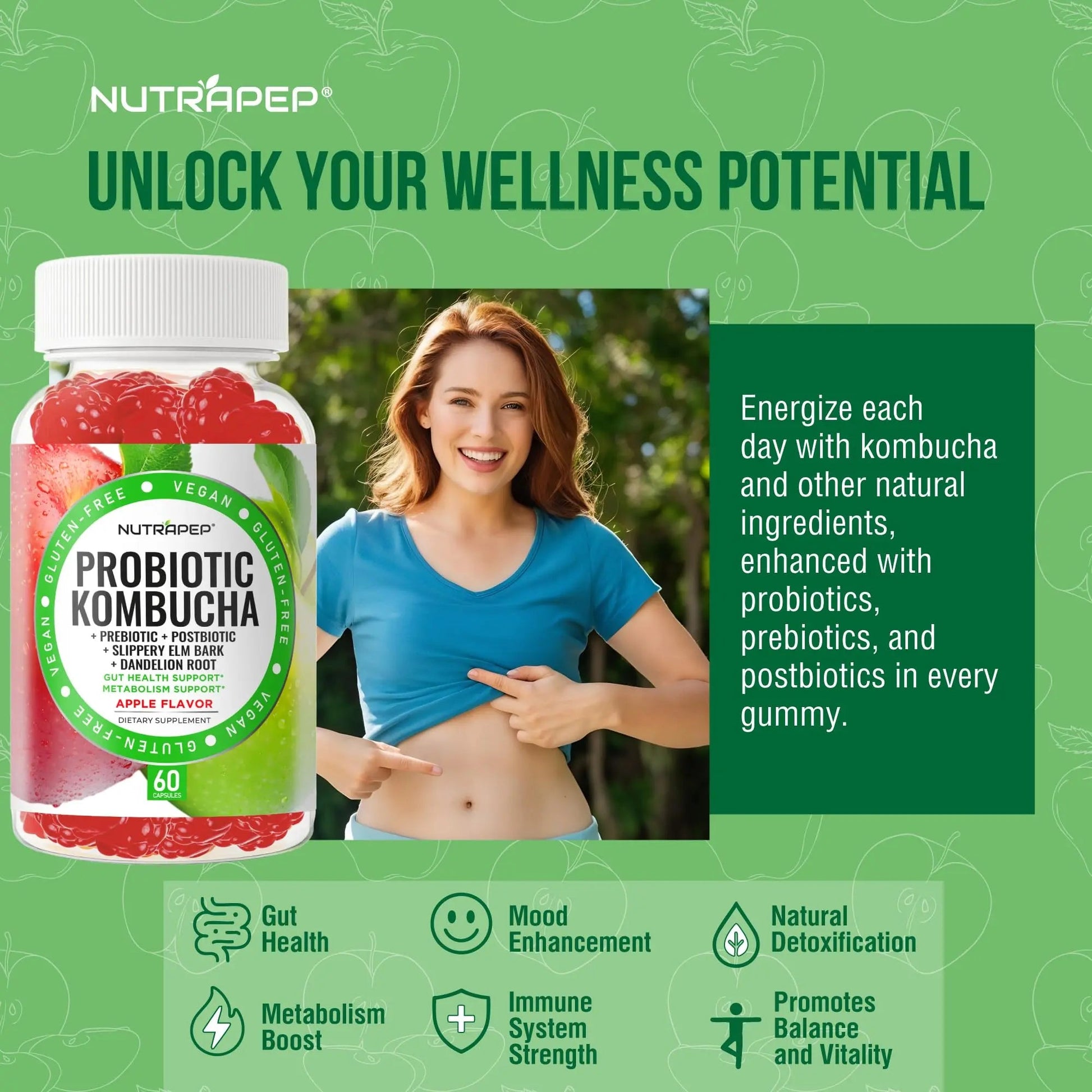 NutraPep Probiotic Kombucha Gummies - Women Men Probiotic Prebiotic Probiotic Blend for Gut Health Bloating Metabolism Support with Slippery Elm Bark Dandelion Root - Vegan Gluten Free Apple Flavor NutraPepBuy Supplements Australia