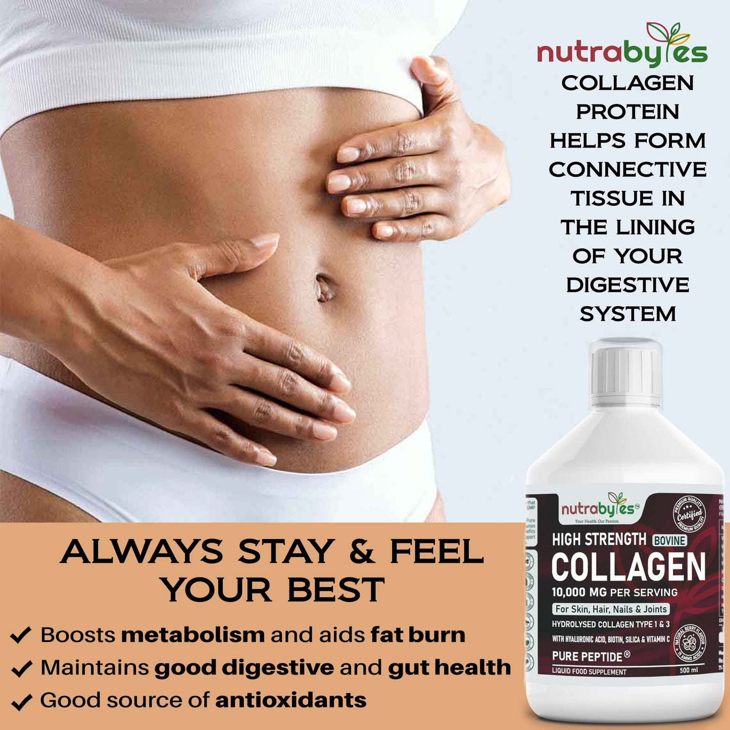 Collagen Liquid 10000mg, Hydrolysed Peptides | Hyaluronic Acid, Biotin, Silica, Vitamin C, Vitamin B12 NUTRABYTESBuy Supplements Australia