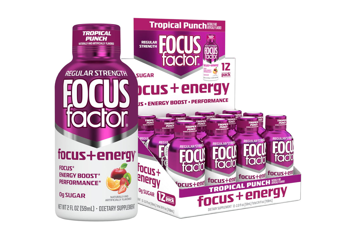 Focus Factor Focus + Energy Shots - 12 x 2oz Bottles (Tropical Punch Flavor) - Powered by Nootropics with Caffeine, L-Theanine, Ginkgo, Bacopa, L-Tyrosine, Alpha GPC Focus FactorBuy Supplements Australia