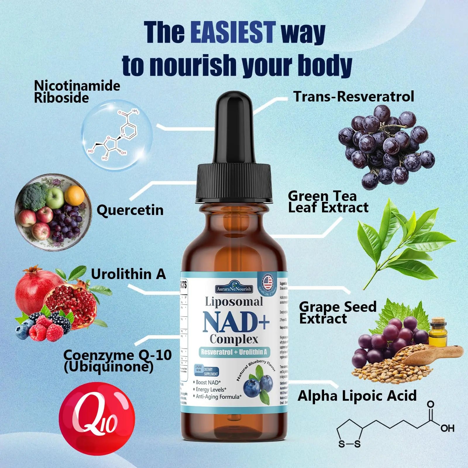 Liposomal NAD+ Liquid Drops, 8-in-1 NAD⁺ Nicotinamide Riboside Resveratrol 900mg w. Quercetin & Urolithin A | Fast Absorption NAD+ Supplement with CoQ10, ALA | Cellular Energy, Anti-Aging, Vitality AuraraNeNourishBuy Supplements Australia