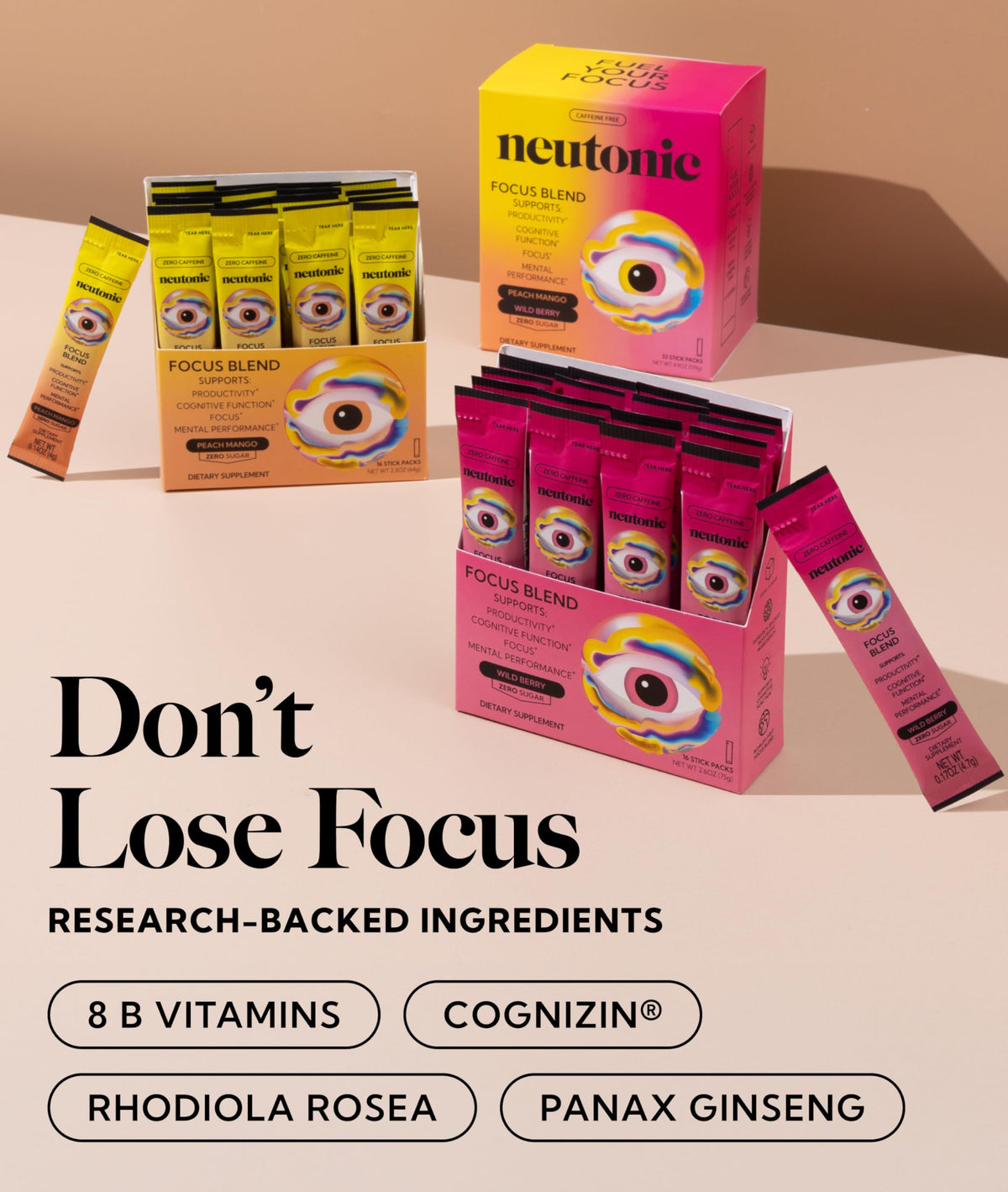 Neutonic Nootropic Focus Blend Powder | Peach Mango & Wild Berry 32 Sticks | Caffeine Free, Zero Sugar | Support Memory, Mental Clarity, Cognitive Function | Boost Focus, Energy, Brain Health NeutonicBuy Supplements Australia