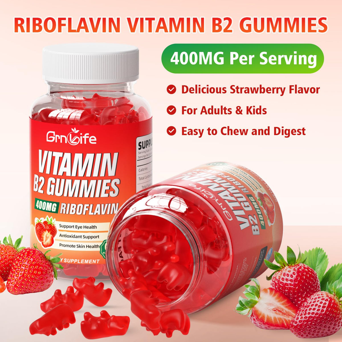 GrnLife 2 Pack Vitamin B2 Gummies, Riboflavin 400mg with Magnesium for Kids & Adults, Migraine Relief & Energy Support