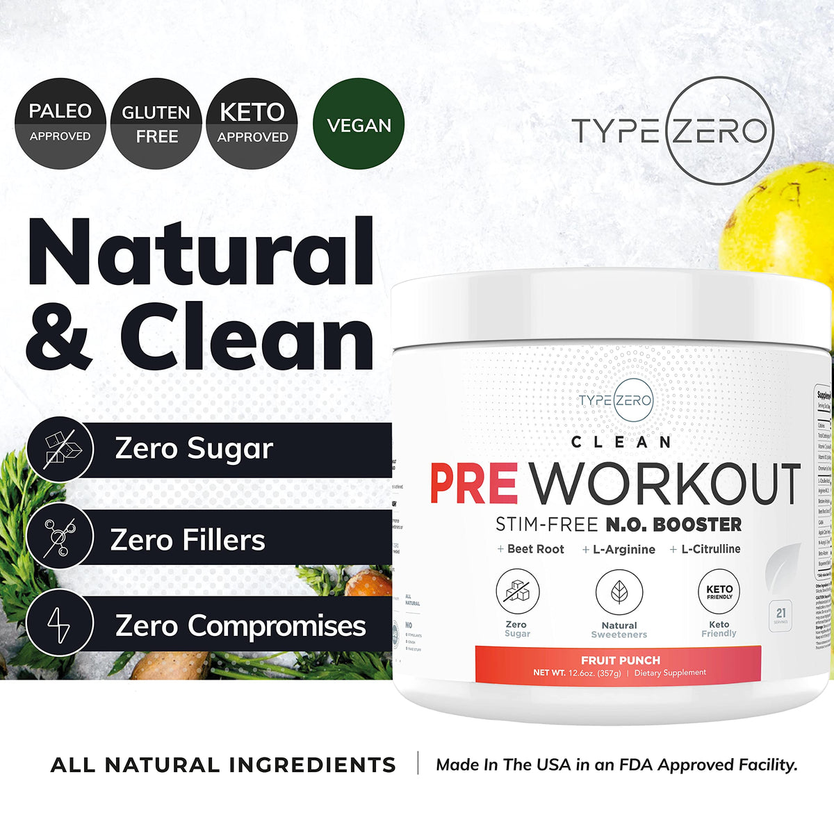 Ultra Clean Stim Free Pump Pre Workout + Nitric Oxide Booster (Fruit Punch) Beetroot, 7G Arginine Citrulline Malate, Betaine, Beta A, ACV+ - Sugar/Caffeine Free Natural Non Stim Preworkout Men & Women Type ZeroBuy Supplements Australia