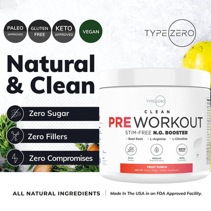 Ultra Clean Stim Free Pump Pre Workout + Nitric Oxide Booster (Fruit Punch) Beetroot, 7G Arginine Citrulline Malate, Betaine, Beta A, ACV+ - Sugar/Caffeine Free Natural Non Stim Preworkout Men & Women Type ZeroBuy Supplements Australia