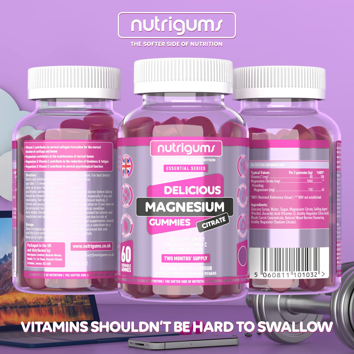 Magnesium Citrate 1250mg & Vitamin C Gummy | Mixed Berry Flavour | 60 Vegan Gummies NutrigumsBuy Supplements Australia
