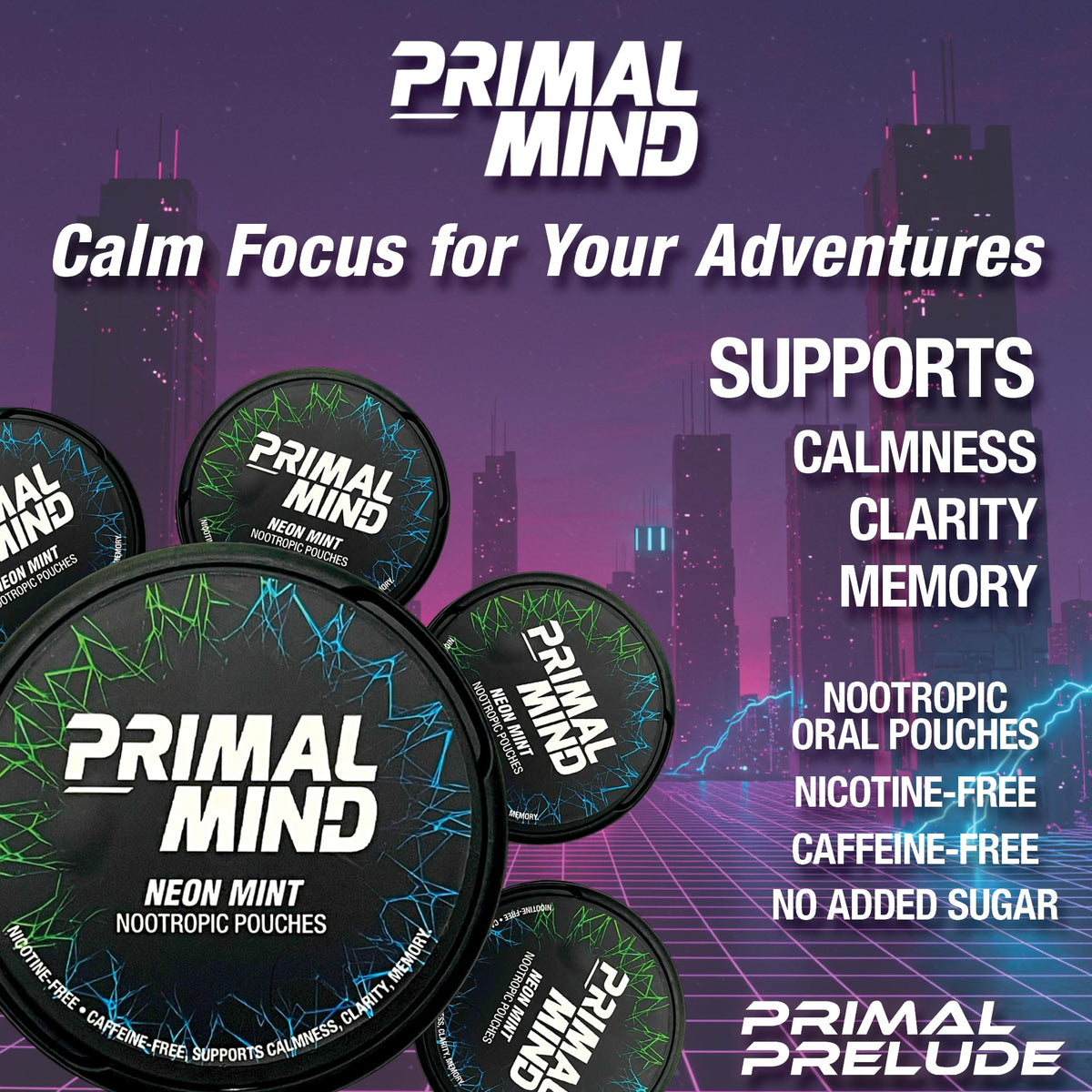Nootropic Pouches - Primal Mind Caffeine Free Nootropics Pouches Made with Ginkgo Biloba & L-Theanine - Nicotine Free Brain Boost, No Sugar, Cognitive Support – 20 Pouches Per Can, 5 Pack (Neon Mint) Primal PreludeBuy Supplements Australia
