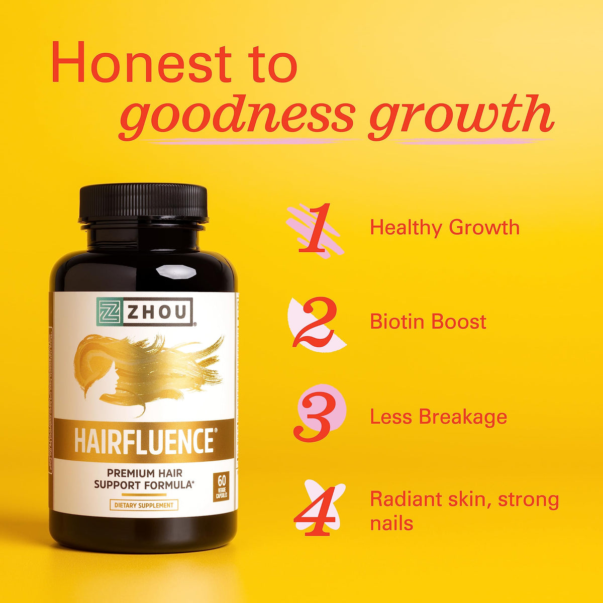 Zhou Hairfluence, Hair Growth Supplement with Biotin 5000mcg, Collagen, Keratin, Zhou NutritionBuy Supplements Australia