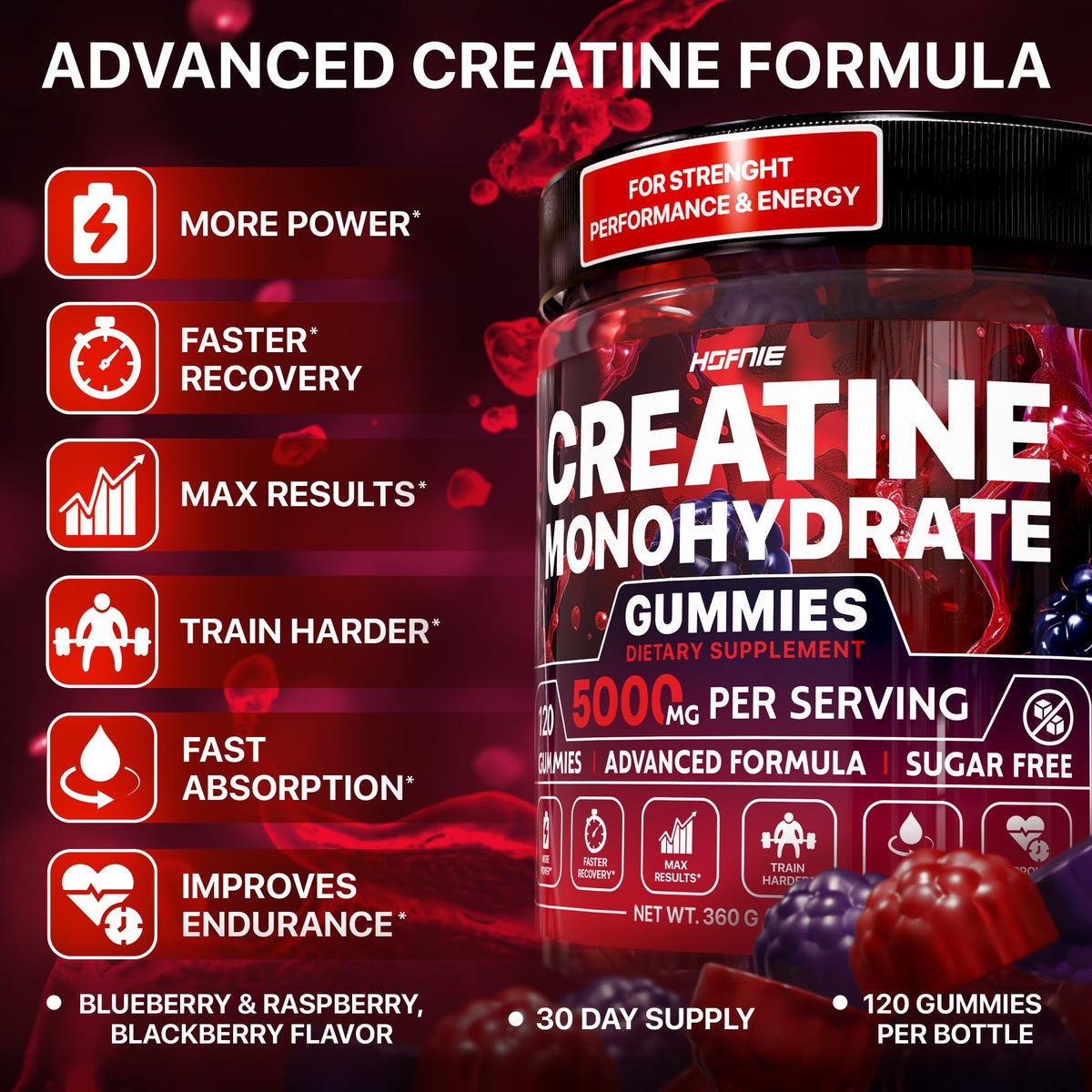 Hofnie Creatine Monohydrate Gummies 5000 mg – Vegan, Sugar-Free Pre Workout Creatine for Men & Women – Raspberry & BlackBerry Flavored Chewable Creatine Monohydrate, 120 Gummies (30-Day Supply) HofnieBuy Supplements Australia
