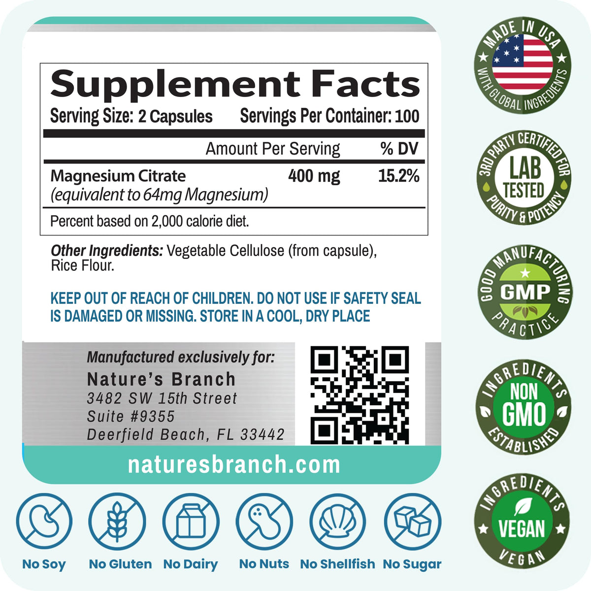 Magnesium Citrate 400mg | 200 Capsules, High Absorption for Sleep, Relax, Leg Cramps, Energy, Extra Strength Easy to Swallow Small Pills for Women & Men, Vegan Supplement for Digestion, Not Tablets NATURE'S BRANCHBuy Supplements Australia