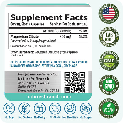 Magnesium Citrate 400mg | 200 Capsules, High Absorption for Sleep, Relax, Leg Cramps, Energy, Extra Strength Easy to Swallow Small Pills for Women & Men, Vegan Supplement for Digestion, Not Tablets NATURE'S BRANCHBuy Supplements Australia
