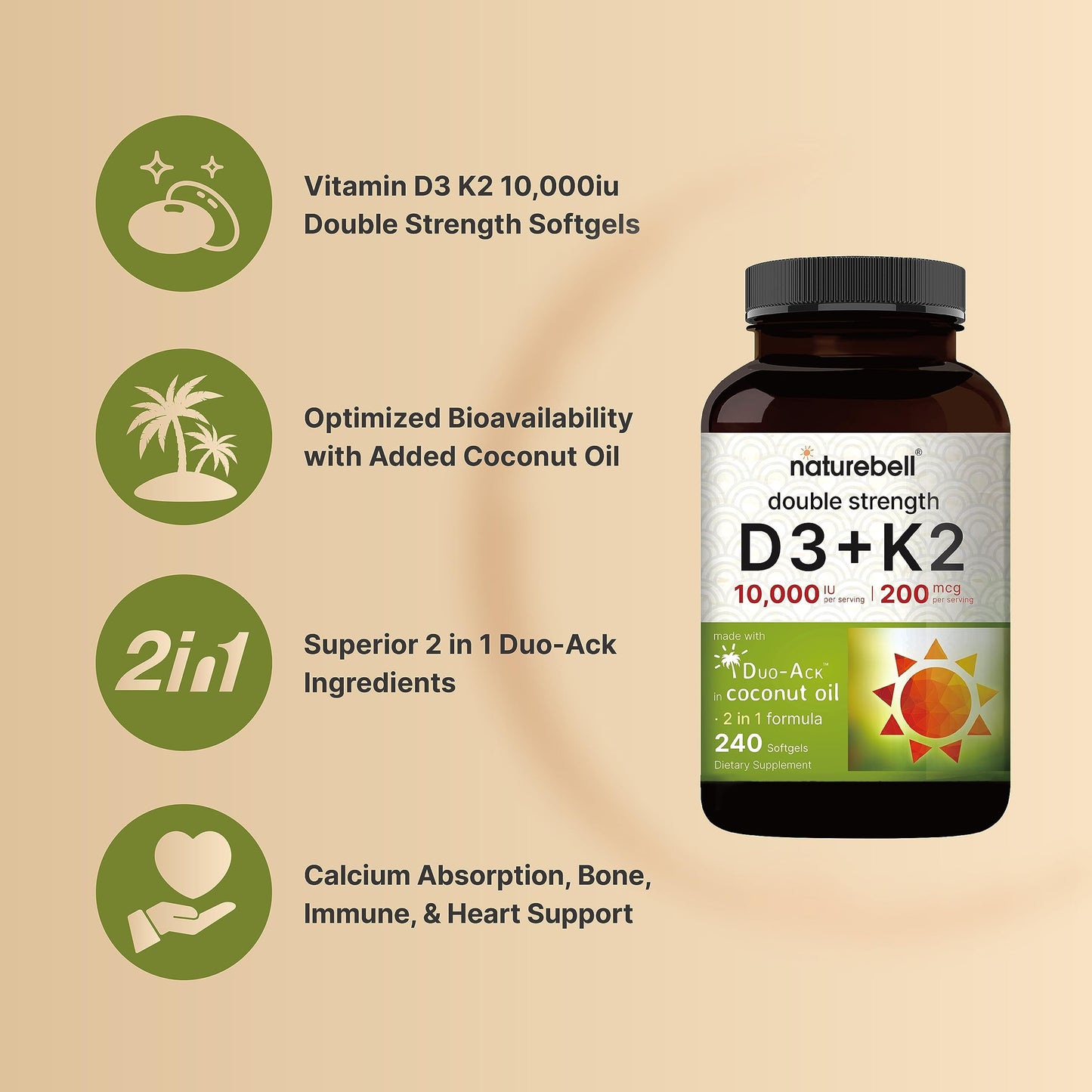 NatureBell Vitamin D3 K2 (10,000 IU Vitamin D + 200mcg Vitamin K MK-7) 240 Softgels NatureBellBuy Supplements Australia