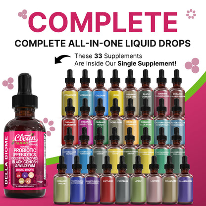 Liquid Probiotics for Women Drops with Chasteberry, Black Cohosh, Prebiotics, Digestive Enzymes, Evening Primrose Oil, Wild Yam, Cranberry Dmannose and Iron Vitamin D3 K2 Clean Nutra Bella Biotics Clean NutraceuticalsBuy Supplements Australia