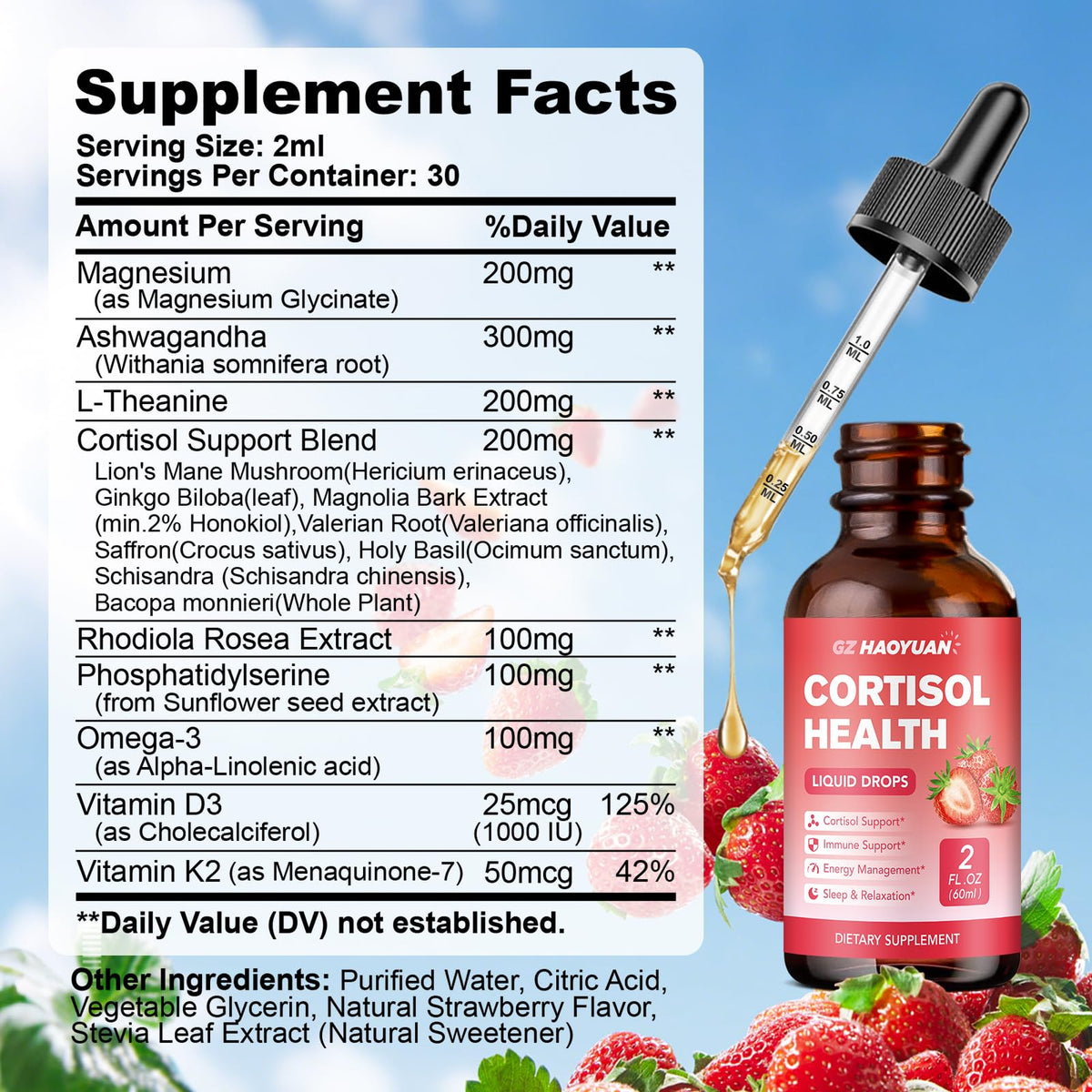 GZ HAOYUAN Cortisol Supplement Liquid Drops for Women and Men with Magnesium, Ashwagandha, L-theanine, Phosphatidylserine for Lower Cortisol, Calm, Mood, Sleep Support - 2 FL.OZ, Strawberry GZ HAOYUANBuy Supplements Australia