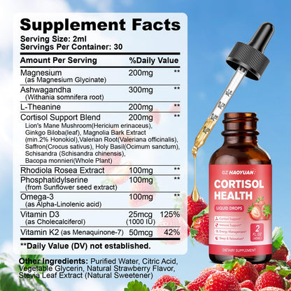 GZ HAOYUAN Cortisol Supplement Liquid Drops for Women and Men with Magnesium, Ashwagandha, L-theanine, Phosphatidylserine for Lower Cortisol, Calm, Mood, Sleep Support - 2 FL.OZ, Strawberry GZ HAOYUANBuy Supplements Australia