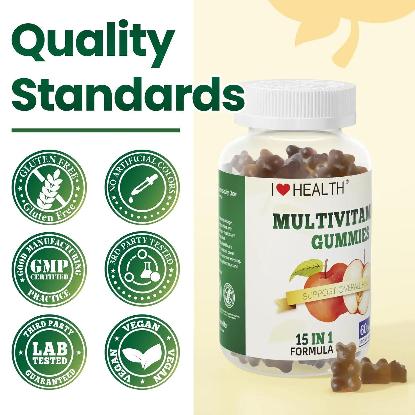 I LOVE HEALTH® 15-in-1 Multivitamin Gummies for Adults & Kids - Enhanced Formula with Vitamin A, C, D3, E, B12, Zinc, Magnesium & More I LOVE HEALTH