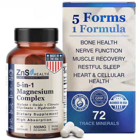 Supplement bottle and packaging of Zns Health 5-in-1 Magnesium Complex with text on benefits.