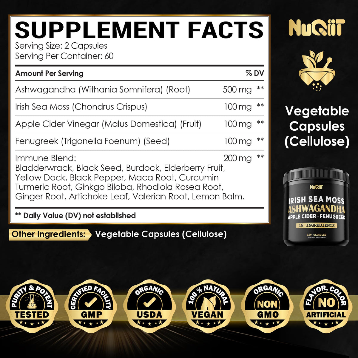 NUQIIT Organic Ashwangdha Capsules 15000mg Irish Sea Moss Apple Cider Vinegar & More - Support Brain Health, Strength & Immune System - 120 Vegan Capsules NUQIIT buy supplements Au