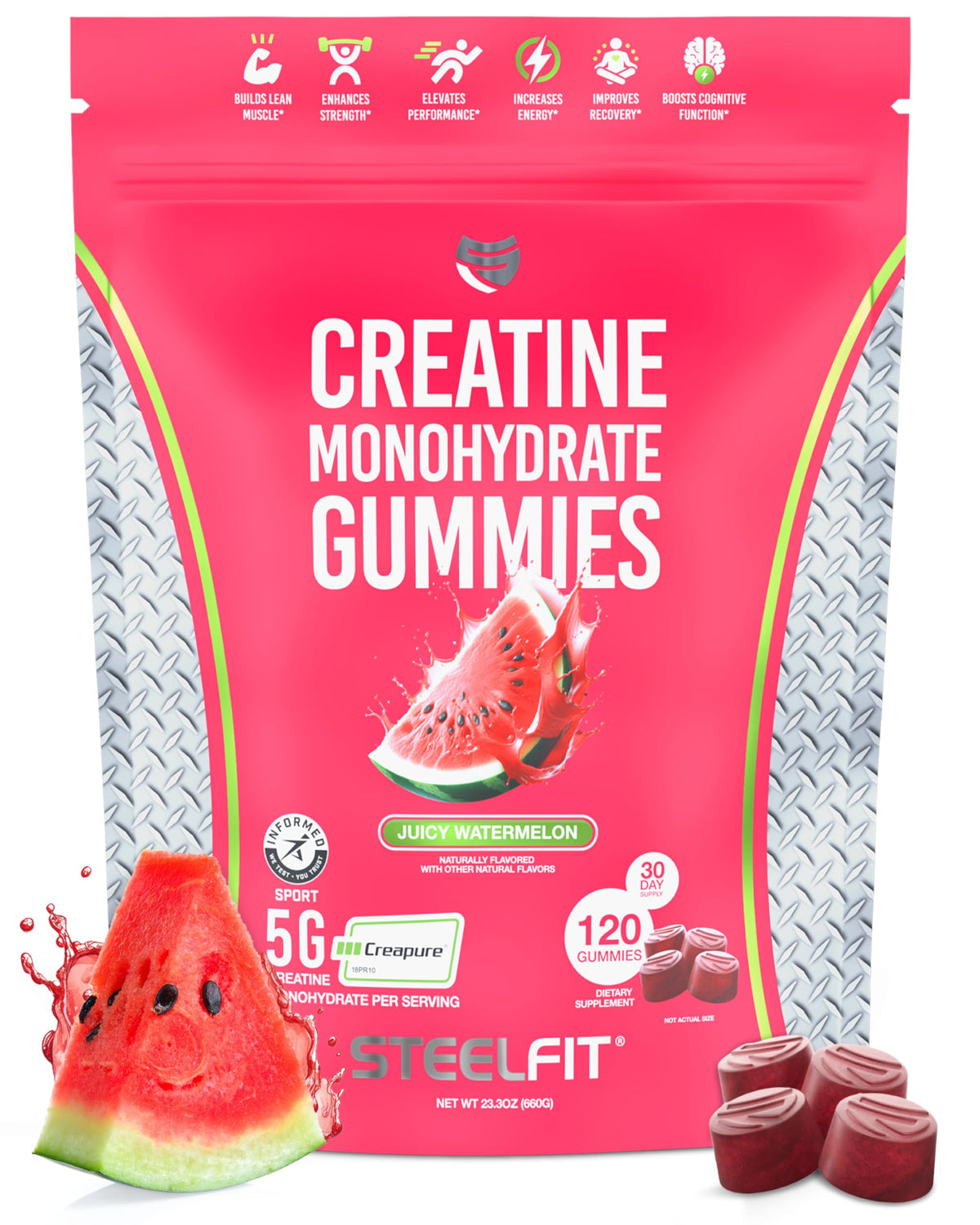 SteelFit Creapure Creatine Monohydrate Gummies for Men & Women, Juicy Watermelon - Gym Workout Nutritional Supplements for Muscle Gain, Brain Health & Strength Building Dietary Supplement, 120 Gummies SteelFitBuy Supplements Australia
