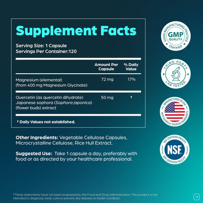 Magnesium Glycinate 400mg High Absorption Capsules with Quercetin | Quality Sleep, Relaxation & Muscle Health Supplement for Women and Men | Chelated Magnesium 120 Count Sandhu's canada supplements