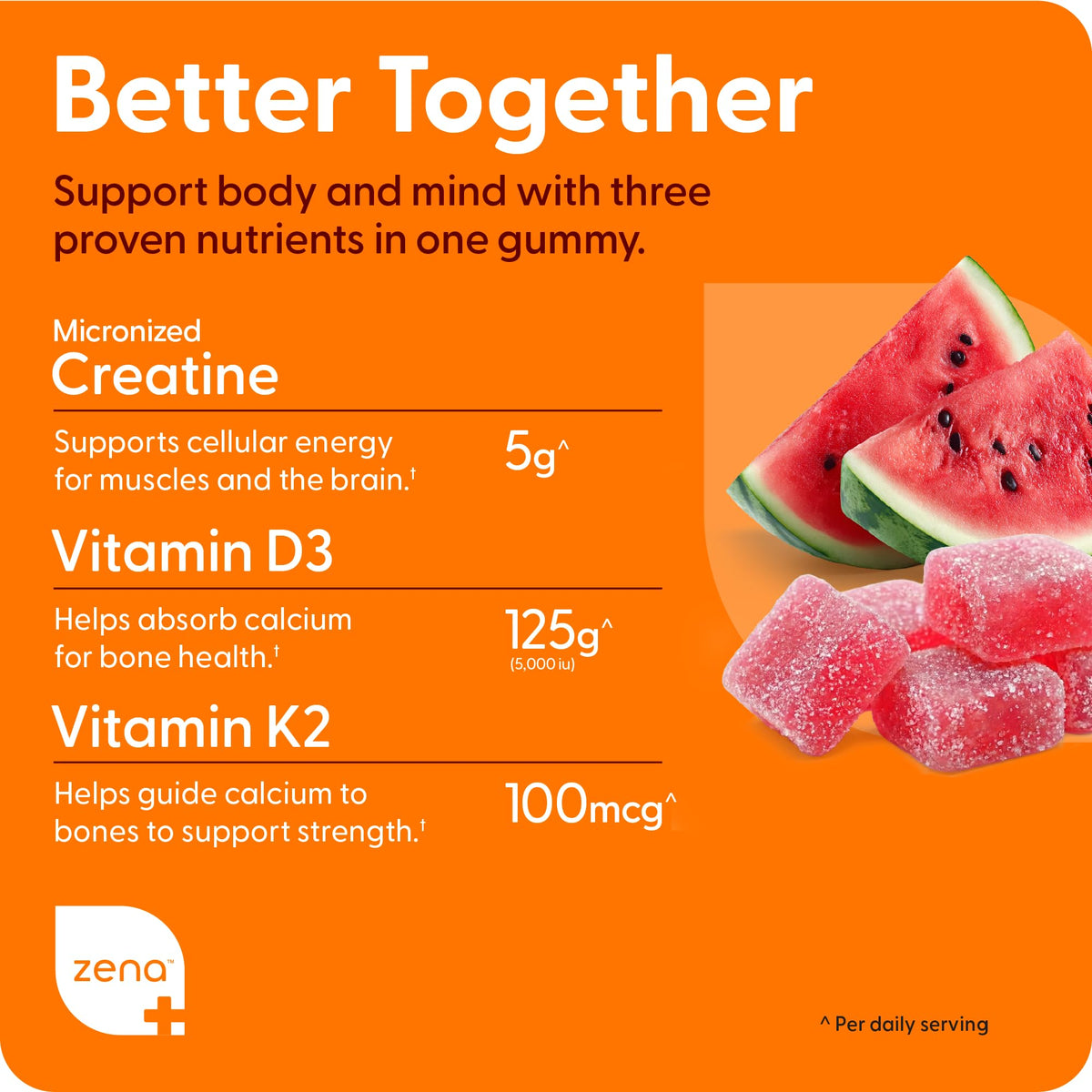 Zena Nutrition Creatine Gummies with D3 & K2, Creatine Monohydrate for Men and Women, Supports Bone, Muscle, & Cognitive Health, Gummy Workout Supplement, Watermelon Flavor, 150ct, 30 Daily Servings Zena NutritionBuy Supplements Australia