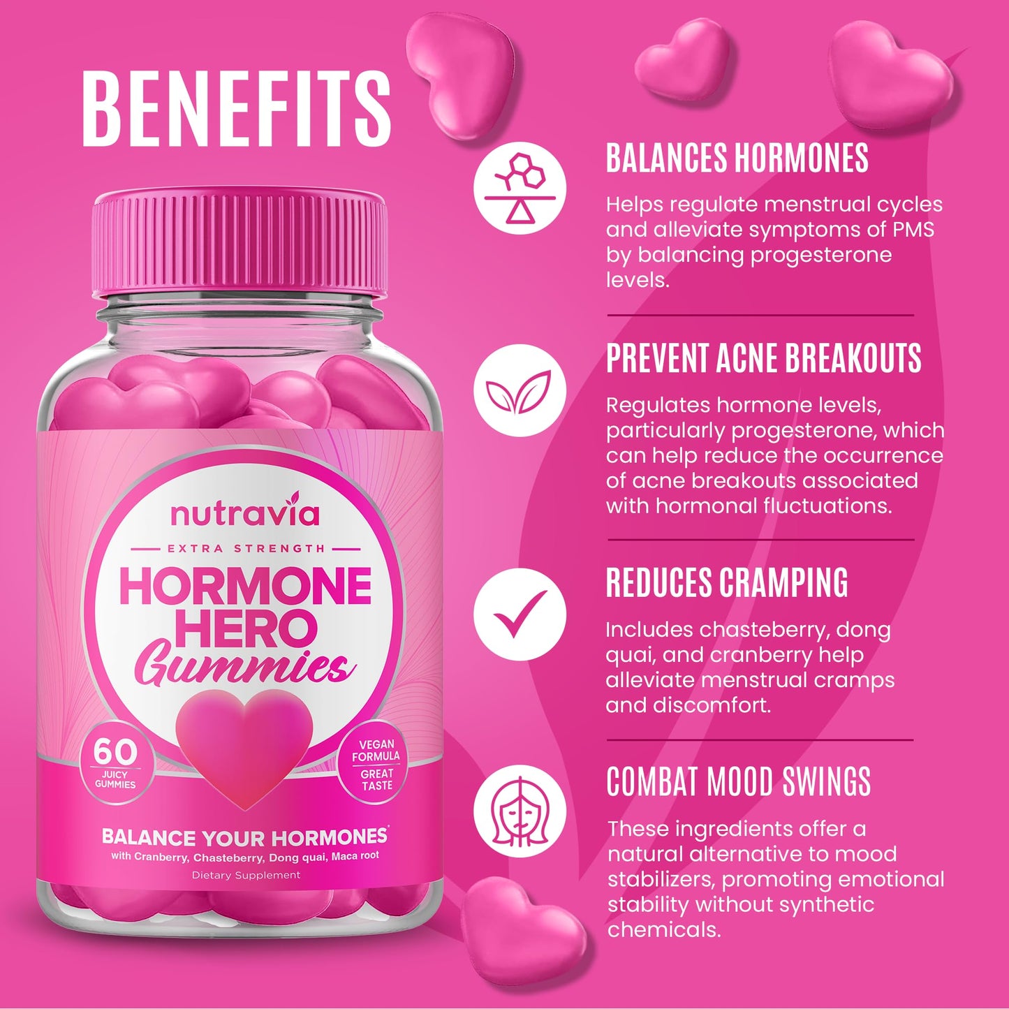 Hormone Balance For Women Gummies + PMS Relief Supplement - Supports Mood Swings, Clear Skin, Reduced Cramps and Bloating - Hormonal PMS Gummies PCOS Vitamin with Cranberry, Dong Quai (60 Gummies) NutraviaBuy Supplements Australia