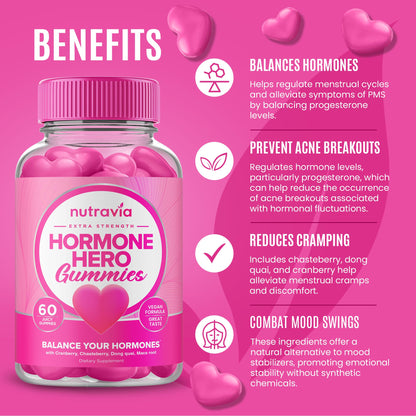 Hormone Balance For Women Gummies + PMS Relief Supplement - Supports Mood Swings, Clear Skin, Reduced Cramps and Bloating - Hormonal PMS Gummies PCOS Vitamin with Cranberry, Dong Quai (60 Gummies) NutraviaBuy Supplements Australia