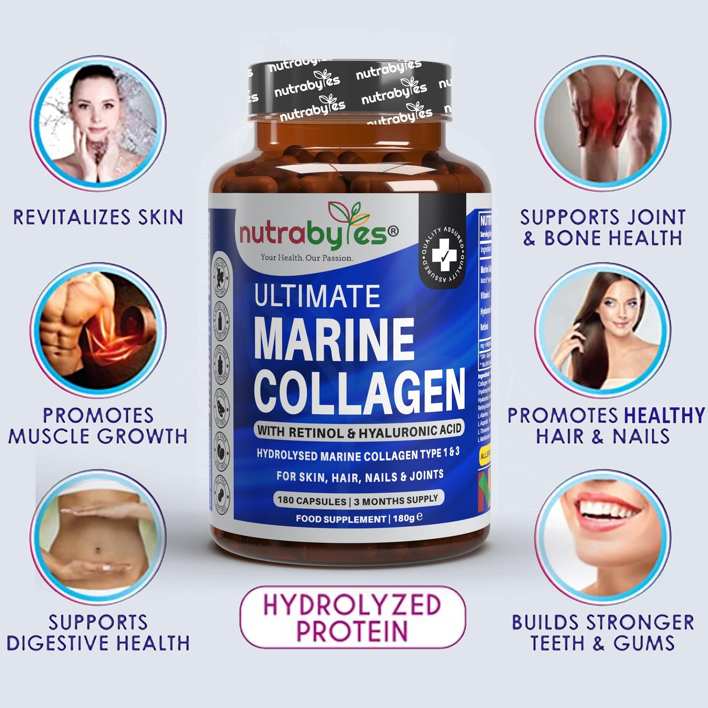 High Strength Marine Collagen with Hyaluronic Acid, Retinol and Vitamin C | 180 Capsules - 3 Months Supply NUTRABYTESBuy Supplements Australia