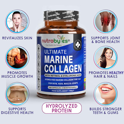 High Strength Marine Collagen with Hyaluronic Acid, Retinol and Vitamin C | 180 Capsules - 3 Months Supply NUTRABYTESBuy Supplements Australia