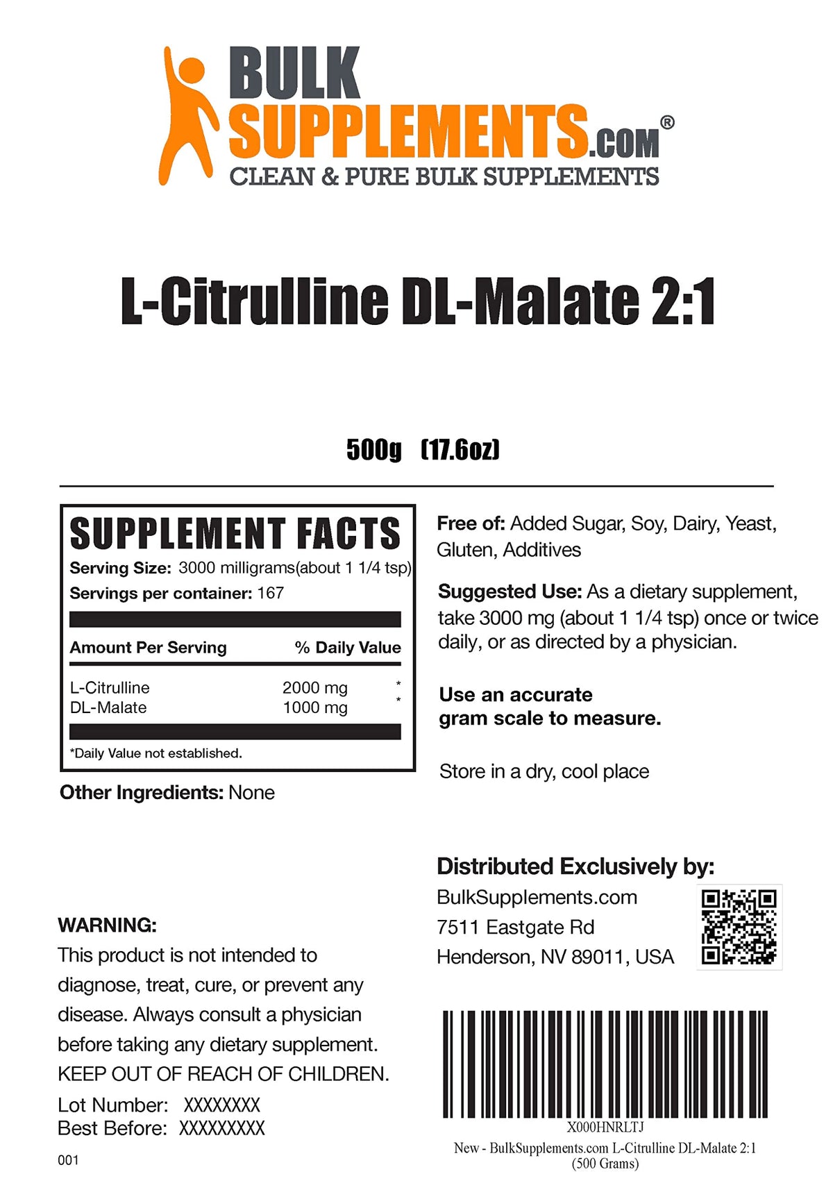 BULKSUPPLEMENTS.COM Beta Alanine Powder (500g), with L-Citrulline Malate 2:1 Powder (100g), L-Glutamine Powder (1KG) & BCAA 2:1:1 Powder (500g) Bundle