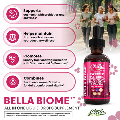 Liquid Probiotics for Women Drops with Chasteberry, Black Cohosh, Prebiotics, Digestive Enzymes, Evening Primrose Oil, Wild Yam, Cranberry Dmannose and Iron Vitamin D3 K2 Clean Nutra Bella Biotics Clean NutraceuticalsBuy Supplements Australia