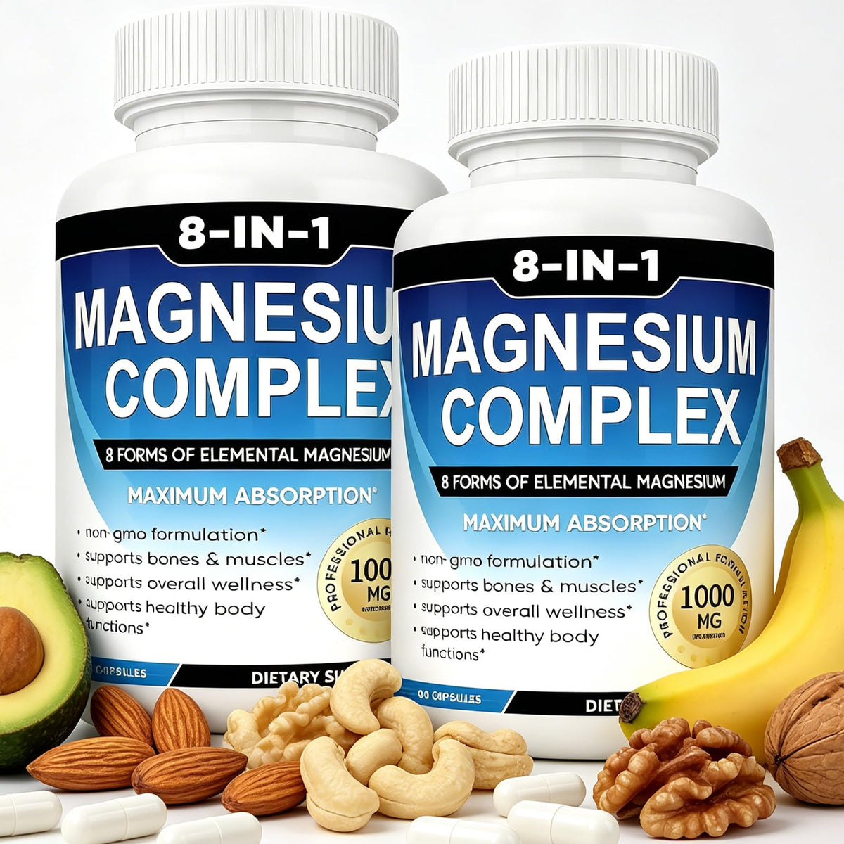 Two bottles of 8-IN-1 Magnesium Complex with health foods like bananas, avocados, and nuts on a white background.