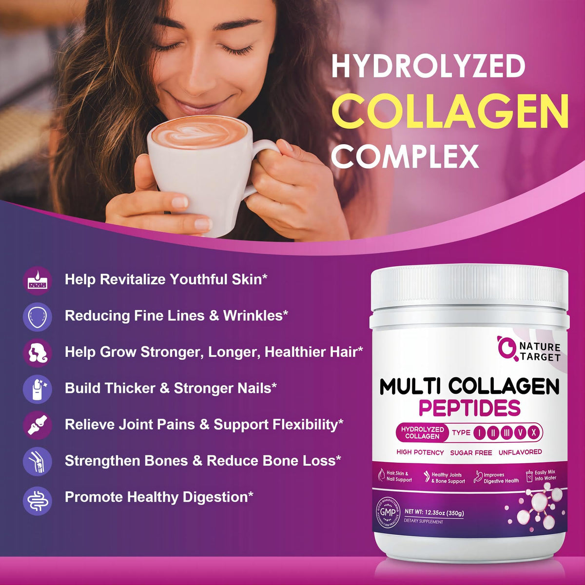 NATURE TARGET Multi Collagen Peptides Powder - Type I, II, III, V, X - Hydrolyzed Collagen Peptides with Vitamin C Hyaluronic Acid, Supports Skin Hair Nail & Joint, Grass-Fed, Non-GMO, 35 Servings NATURE TARGET buy supplements Au