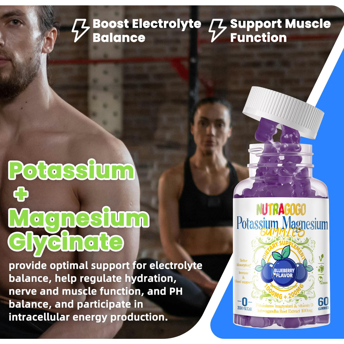 Potassium Magnesium Gummies,Potassium Supplement w/Ashwagandha,High Absorption Magnesium Glycinate,B6,D3,Potassium Citrate for Leg Cramps,Muscle,Electroyte for Adults Kids,Sugar-Free, 60 Gummies NUTRAGOGOBuy Supplements Australia